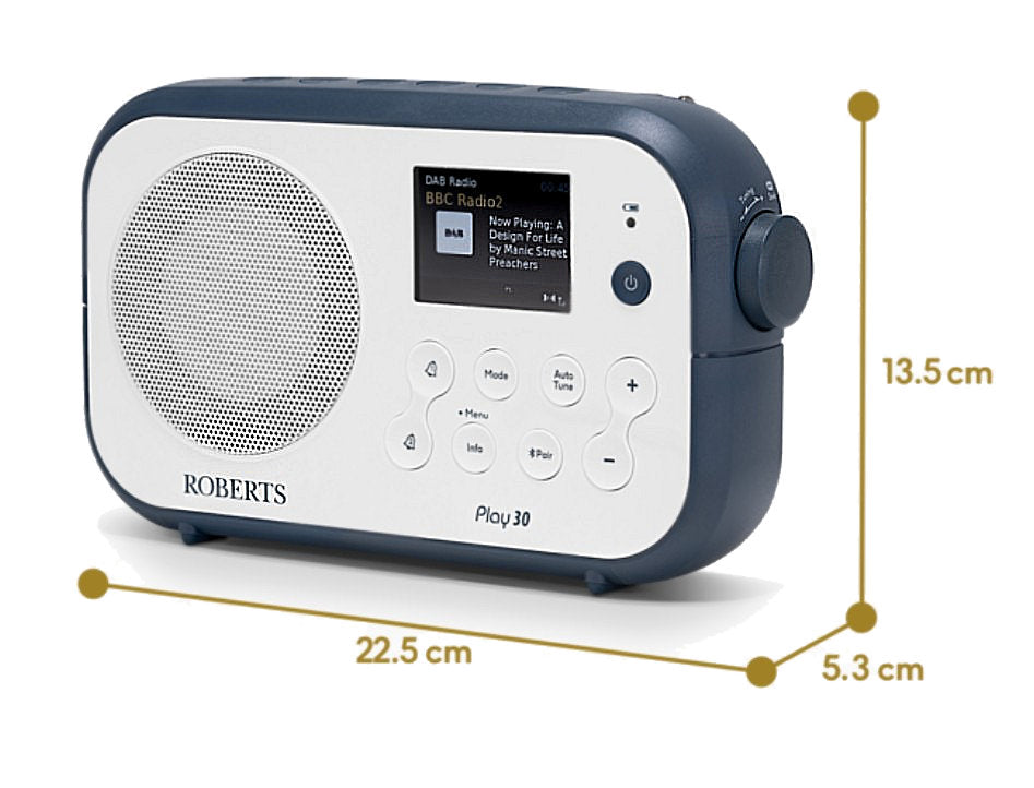 Roberts Play 30 Portable Radio – DAB+/FM, Bluetooth Speaker & Alarm in Stylish White and Blue