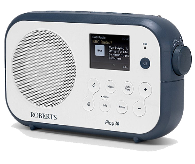 Roberts Play 30 Portable Radio – DAB+/FM, Bluetooth Speaker & Alarm in Stylish White and Blue