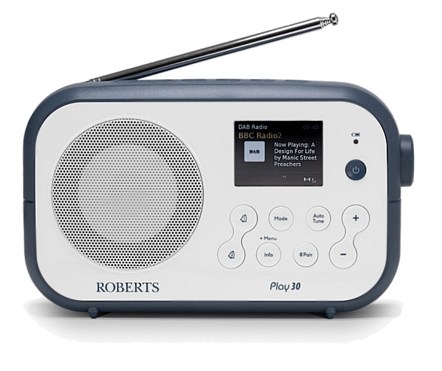Roberts Play 30 Portable Radio – DAB+/FM, Bluetooth Speaker & Alarm in Stylish White and Blue